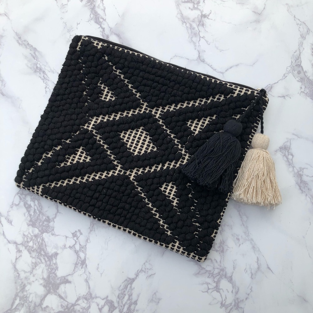 Sole Society Embroidered Black and Cream Clutch